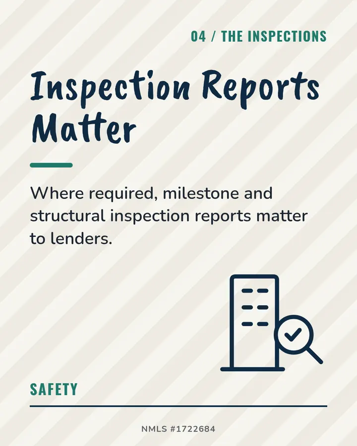 Slide 4: Inspection Reports Matter. Where required, milestone and structural inspection reports matter to lenders.